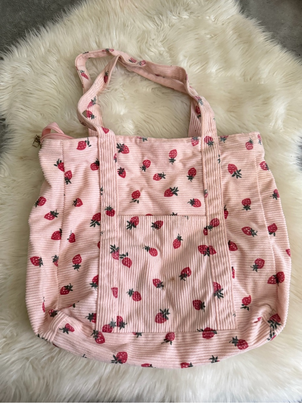 SHEIN Pink Strawberry Corduroy Tote Bag